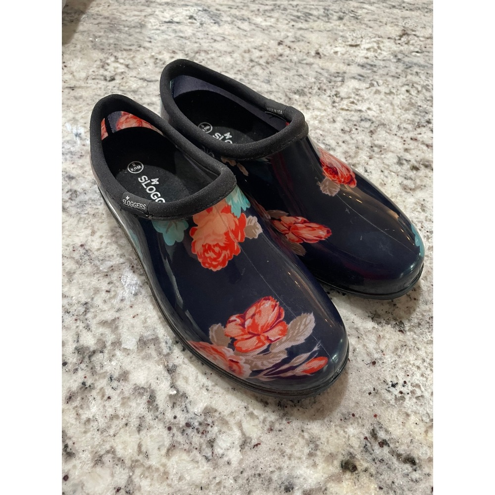 Sloggers Navy Blue Floral Waterproof Garden Shoes Clogs Womens 8 Made in USA